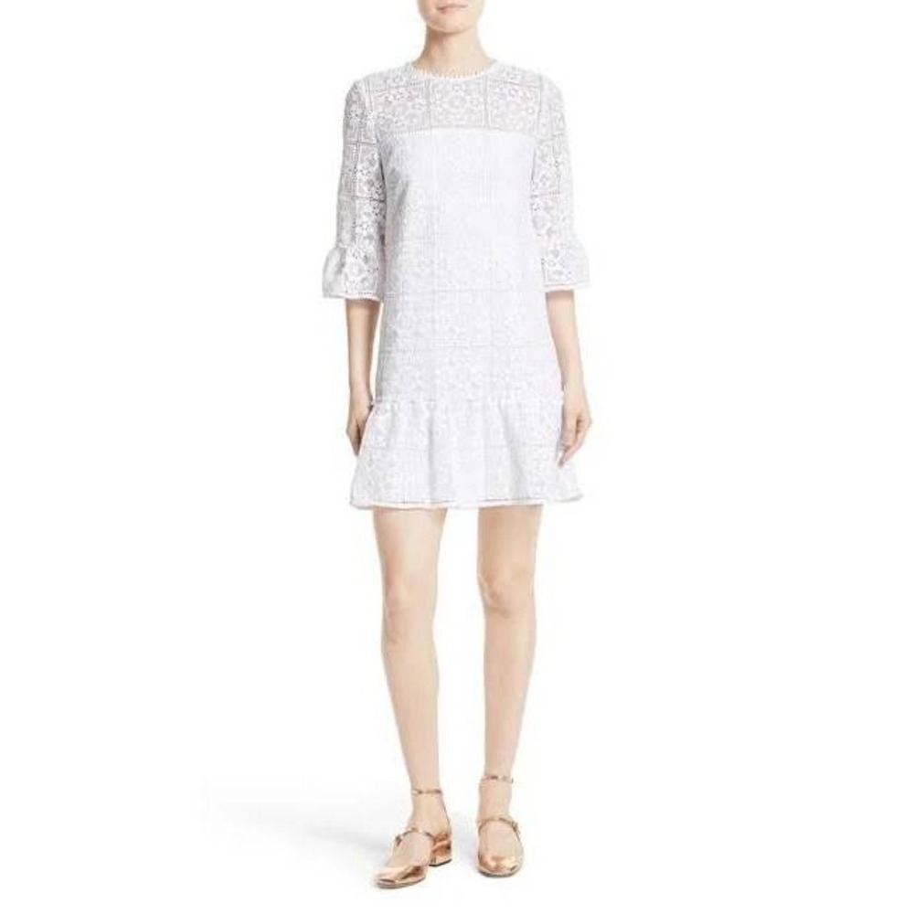 Kate Spade White Floral Lace Mini Dress Women 8 White Ruffle Bell‎ Sleeve